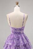 Purple A-Line Tiered Cut Out Floral Short Homecoming Dress