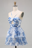 White Blue Flower A-Line Tiered Cut Out Short Homecoming Dress