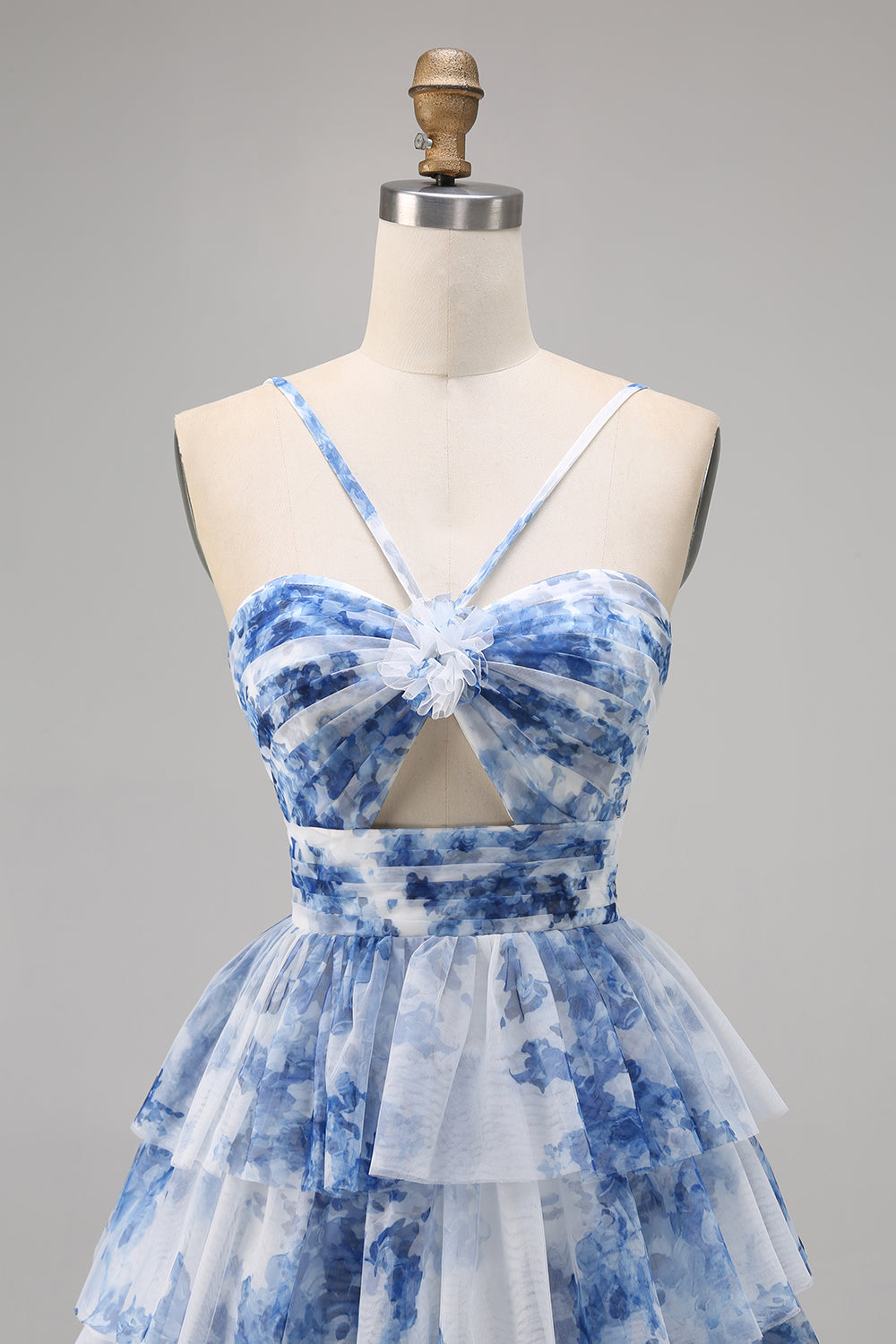 White Blue Flower A-Line Tiered Cut Out Short Homecoming Dress