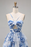 White Blue Flower A-Line Tiered Cut Out Short Homecoming Dress