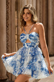 Floral Halter A-Line Cut Out White Blue Homecoming Dress