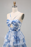White Blue Flower A-Line Tiered Cut Out Short Homecoming Dress