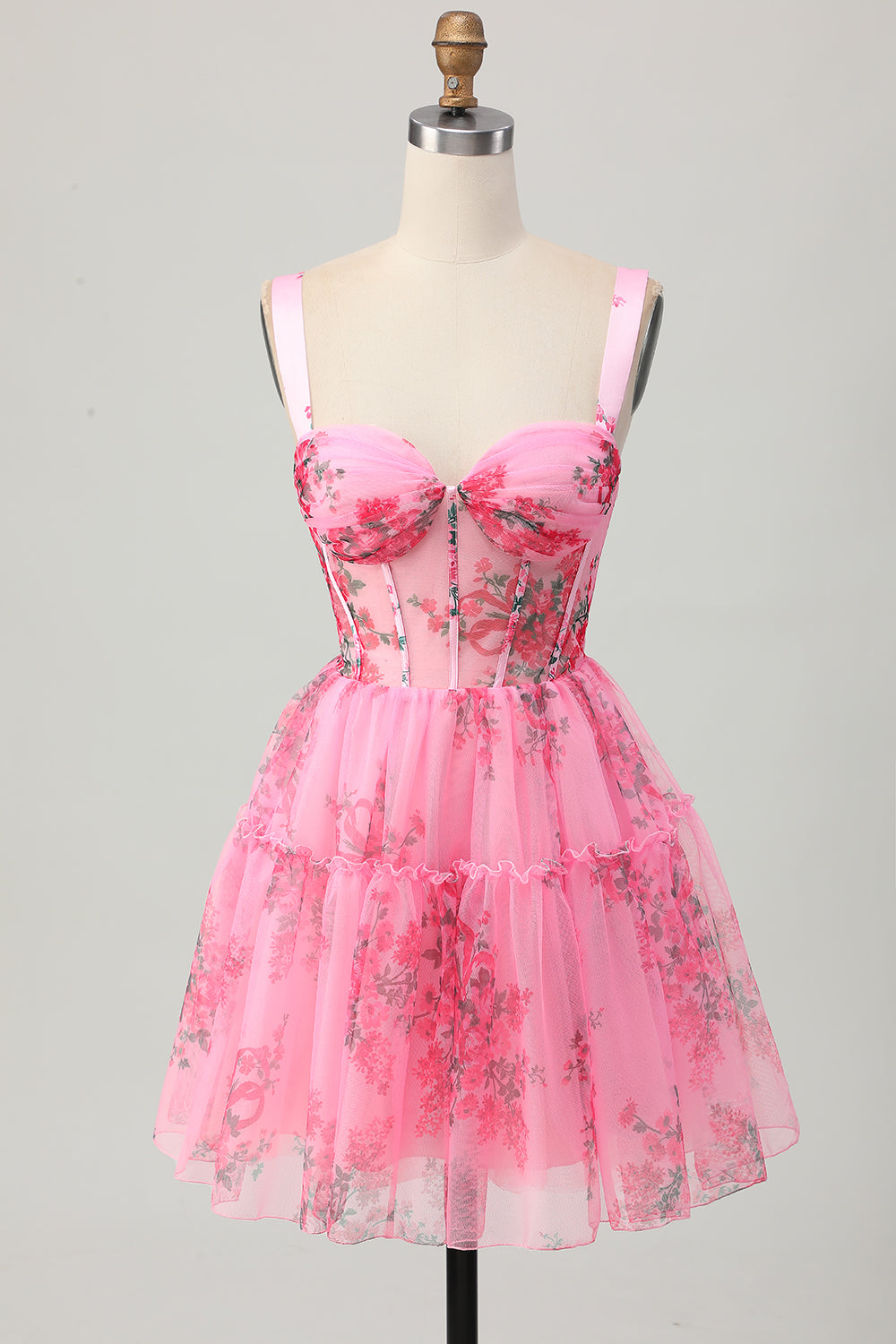 Floral Corset Short A Line Pink Homecoming Dress