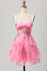 Corset Pink Flower A Line Homecoming Dress