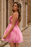 Floral Corset Short A Line Pink Homecoming Dress