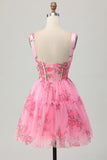 Floral Corset Short A Line Pink Homecoming Dress