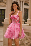 Floral Corset Short A Line Pink Homecoming Dress