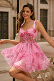 Floral Corset Short A Line Pink Homecoming Dress