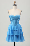 Blue Corset Strapless Tiered A Line Homecoming Dress