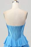 Blue Corset Strapless Tiered A Line Homecoming Dress