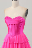 Fuchsia Corset Tiered A Line Strapless Homecoming Dress