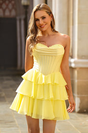 Yellow Ruffled Corset A-Line Sweetheart Homecoming Dress