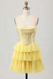 Strapless Corset A Line Tiered Yellow Homecoming Dress