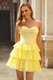 Strapless Corset A Line Tiered Yellow Homecoming Dress