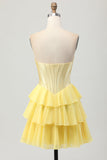 Strapless Corset A Line Tiered Yellow Homecoming Dress