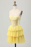 Strapless Corset A Line Tiered Yellow Homecoming Dress