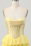 Strapless Corset A Line Tiered Yellow Homecoming Dress