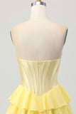 Strapless Corset A Line Tiered Yellow Homecoming Dress