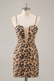 Khaki Leopard Corset Bodycon Short Homecoming Dress with Sequins