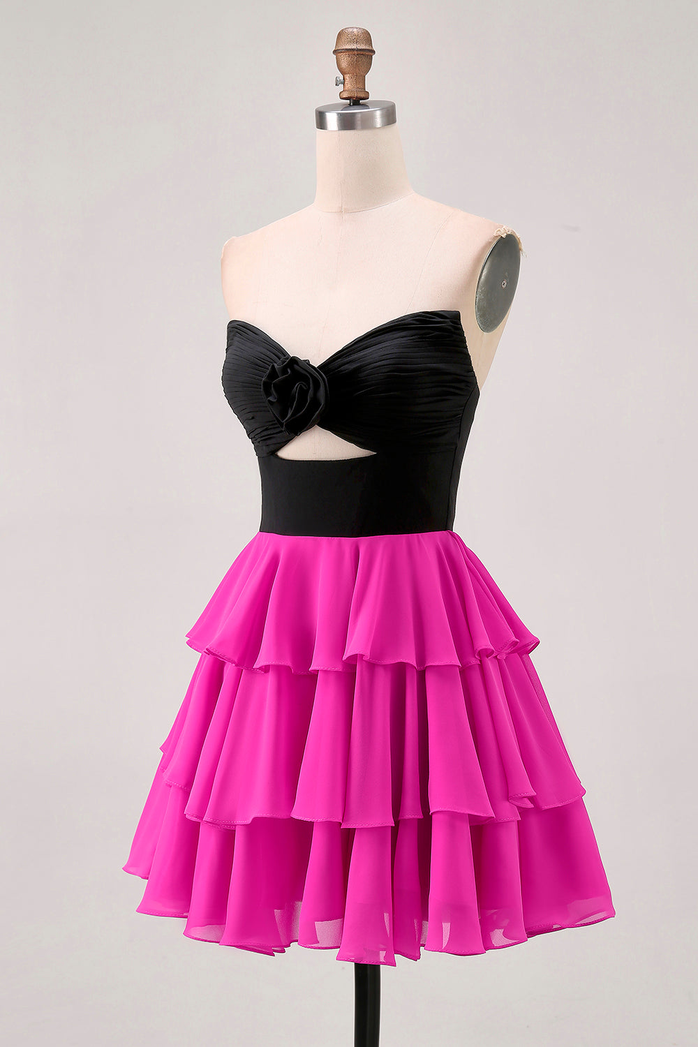 Black and White A-Line Tiered Strapless Homecoming Dress with 3D Flower