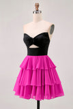 Black Fuchsia Strapless Tiered Cut Out A Line Homecoming Dress