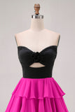 Black Fuchsia Strapless Tiered Cut Out A Line Homecoming Dress