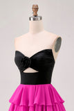 Black Fuchsia Strapless Tiered Cut Out A Line Homecoming Dress