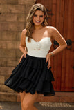 Black and White A-Line Tiered Strapless Homecoming Dress with 3D Flower