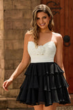 Black and White A-Line Tiered Strapless Homecoming Dress with 3D Flower