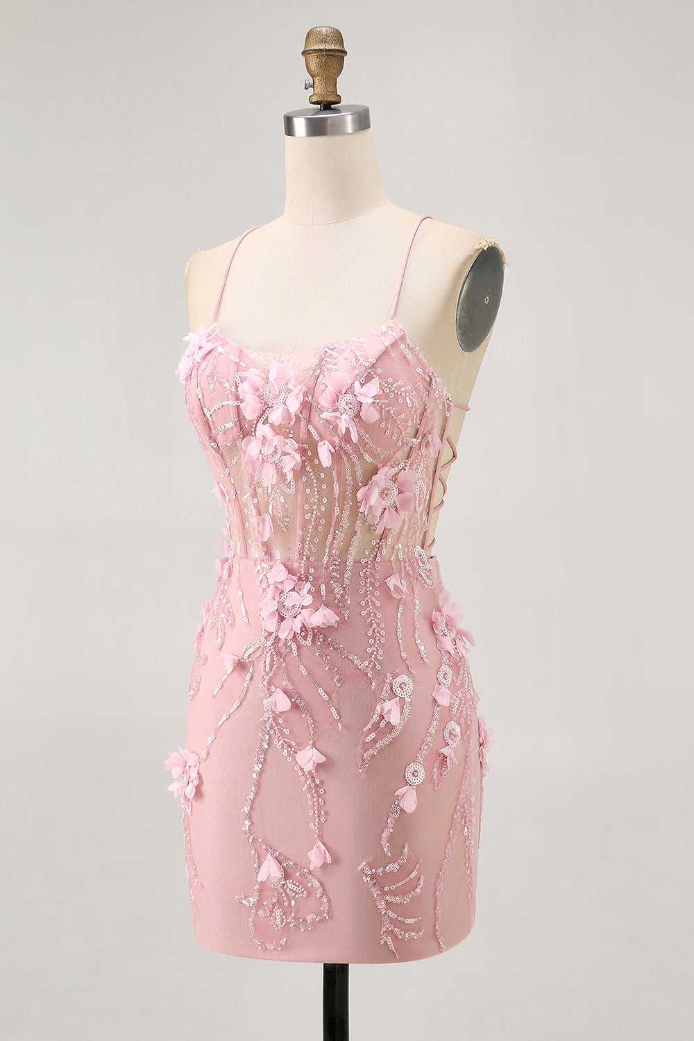 Blush Bodycon Corset Sequin Homecoming Dress with 3D Flowers