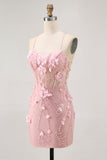 Blush Bodycon Corset Sequin Homecoming Dress with 3D Flowers