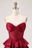 Burgundy Beaded Corset A Line Strapless Tiered Homecoming Dress
