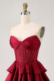 Burgundy Beaded Corset A Line Strapless Tiered Homecoming Dress