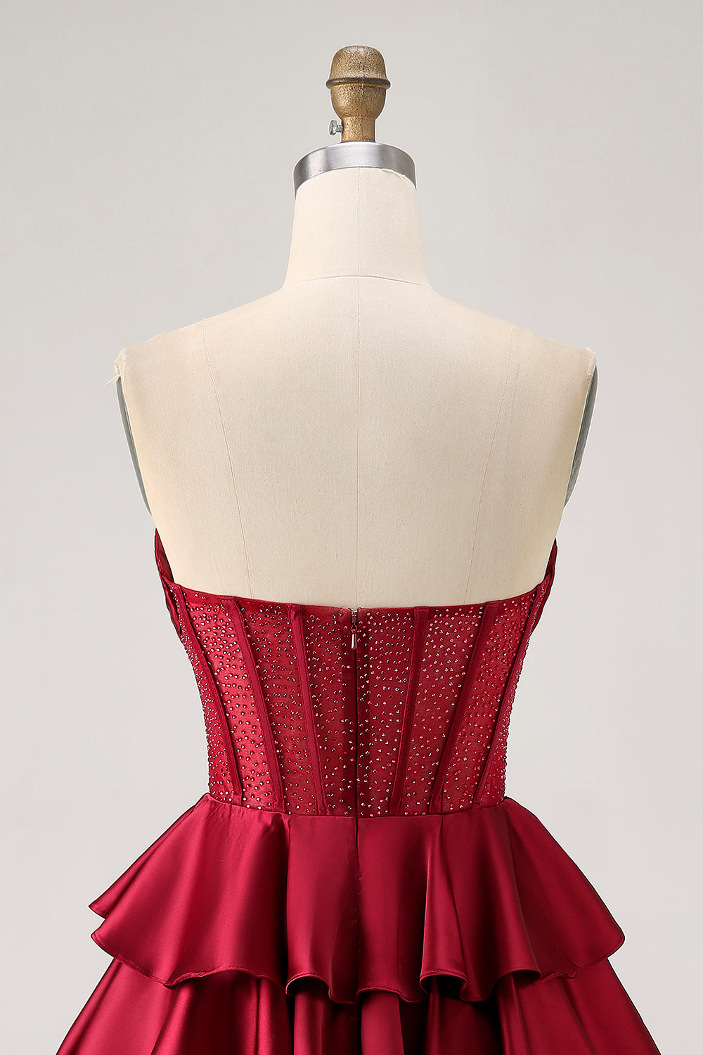 Burgundy Beaded Corset A Line Strapless Tiered Homecoming Dress