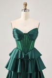 Corset A Line Strapless Tiered Beaded Green Homecoming Dress