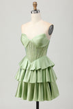 Corset A Line Strapless Tiered Beaded Green Homecoming Dress