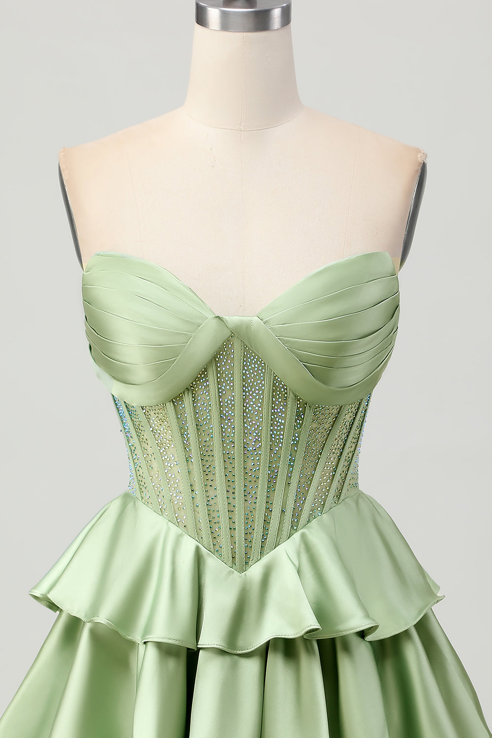 Corset A Line Strapless Tiered Beaded Green Homecoming Dress