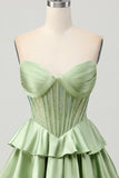 Corset A Line Strapless Tiered Beaded Green Homecoming Dress