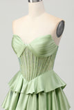 Corset A Line Strapless Tiered Beaded Green Homecoming Dress