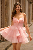 Strapless Pink Ruffle A-Line Homecoming Dress With 3D Flower