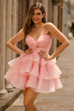 Strapless Pink Ruffle A-Line Homecoming Dress With 3D Flower