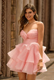Strapless Pink Ruffle A-Line Homecoming Dress With 3D Flower
