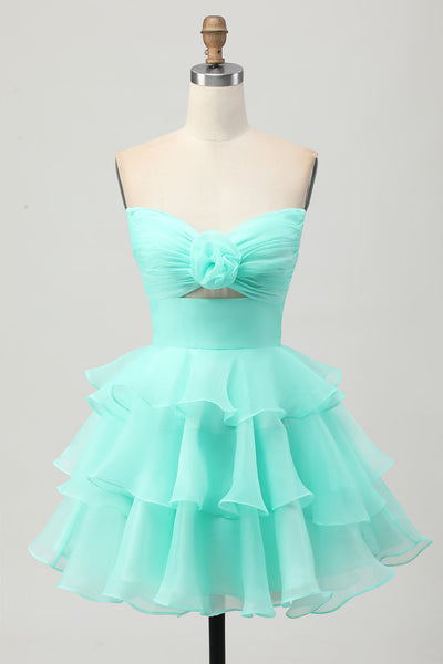 Berylove Women Strapless Pink Homecoming Dress Ruffle A-Line Short Prom Dress With 3D Flower, Green / US8