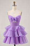 Purple Tiered Ruffle Strapless A Line Homecoming Dress