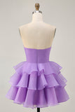 Purple Tiered Ruffle Strapless A Line Homecoming Dress