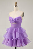 Purple Tiered Ruffle Strapless A Line Homecoming Dress