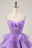 Purple Tiered Ruffle Strapless A Line Homecoming Dress