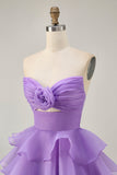 Purple Tiered Ruffle Strapless A Line Homecoming Dress