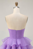 Purple Tiered Ruffle Strapless A Line Homecoming Dress