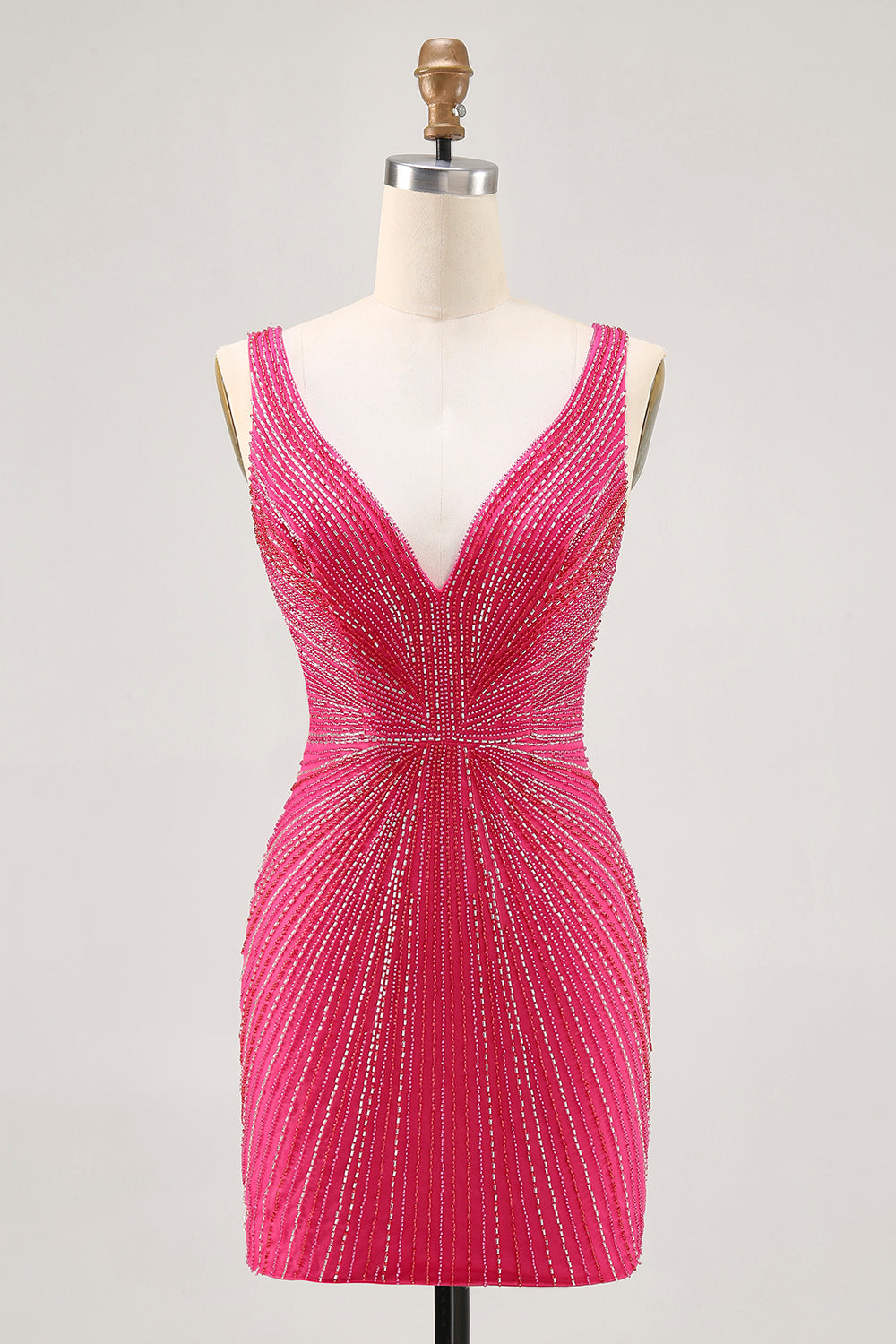 Beaded Fuchsia V-Neck Bodycon Homecoming Dress